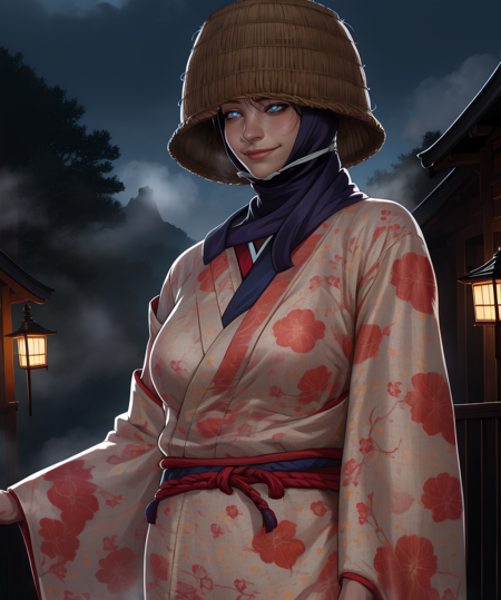 Orin,tengai,basket over head,eyes covered,shaded face, blue eyes, 
floral print,kimono,long sleeves,chin strap,smile,
standing,upper body,
night,village,fog,
(insanely detailed,  masterpiece, best quality),<lora:Orin:0.8>,