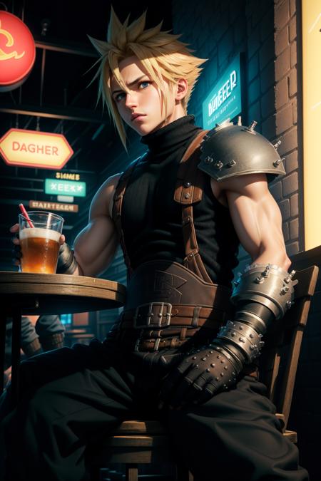 masterpiece, best quality, cloud strife, shoulder armor, sleeveless turtleneck, suspenders, belt, gloves, bracer, baggy pants, sitting, table, tavern, looking at viewer, tired, night, neon lighting, (smile:0.6) <lora:cloudstrife-nvwls-v1-000010:0.9>