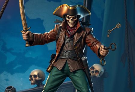 expert Intricate Epic cinematic portrait of Cyber Ghost Pirate Piwraithe, brown leather jacket, green pants, hat. Stands ready on Flying Mary Ghost Ship, blue wall backdrop with map, skull. Wields Cursed Bamboo Sword (R), Corrupted Keys (L). Highly detailed, intricate textures, super detailed face. Matte painting, Splash ink illustration, Octane Render, Unreal Engine 5, by Dan Mumford & marc simonetti. Dramatic lighting, creative angle, impeccable composition, trending on Artstation, CGSociety, Golden Ratio.