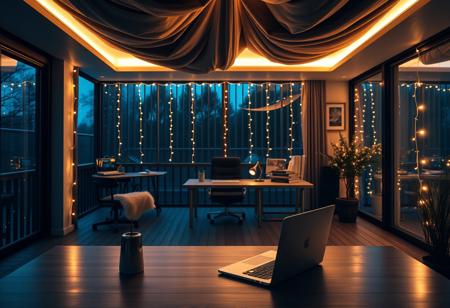 home office with laptop background cozy aesthetic overhead, Elegant soft ambient lighting, plush velvet glowing, fairy lights, midnight blue, warm wooden decking, sleek modern design, cozy stylish muted color palette, atmospheric, exquisite detailing, hyper-realistic, 8k resolution, photorealistic rendering, masterpiece quality