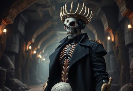 Create a 4K digital painting of a robot wearing the bone crown in meat armor from the Warhammer universe. The robot should be dressed in a black trenchcoat with an open chest, showcasing its intricate, elegant, and highly detailed flesh ornate design. Set the scene in ancient catacombs with a smooth, sharp focus and an ethereal atmosphere. Incorporate elements of volleyball, as if the robot is engaged in a game. The style should be reminiscent of Artstation concept art, with influences from Greg Rutkowski and Alphonse Mucha. Output should be in the style of an Octane render.