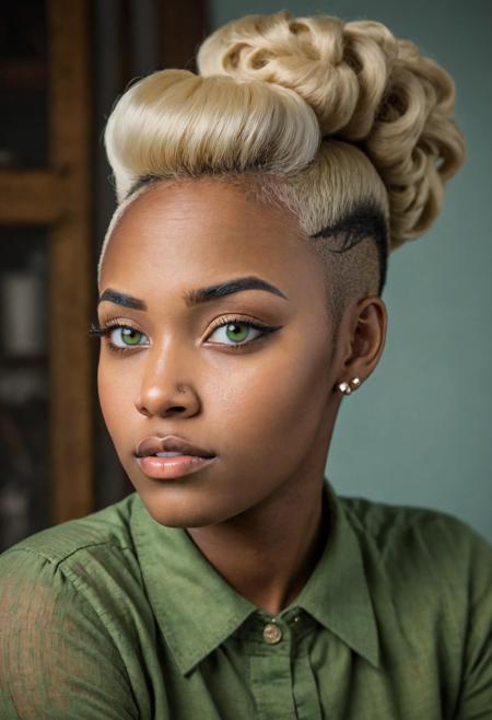 Create a dramatic photographic portrait, capturing the essence of a unique individual. 
Type of Person and Age: Non-binary Person .
Hair Color: Sandy Blonde .
Hair Style: Vintage Victory Rolls .
Eye Color: Earthy Green .
Ethnicity: African American .
Emotion: Playful and Lighthearted .
(Skin Detail: The skin exhibits intricate, pore-level details, with sharp and clear skin texture, sharp in focus detailed eyes, enhancing the realism and depth of the portrait.)
<lora:add-detail-xl:1> <lora:sdxl_offset_example_v10:1>