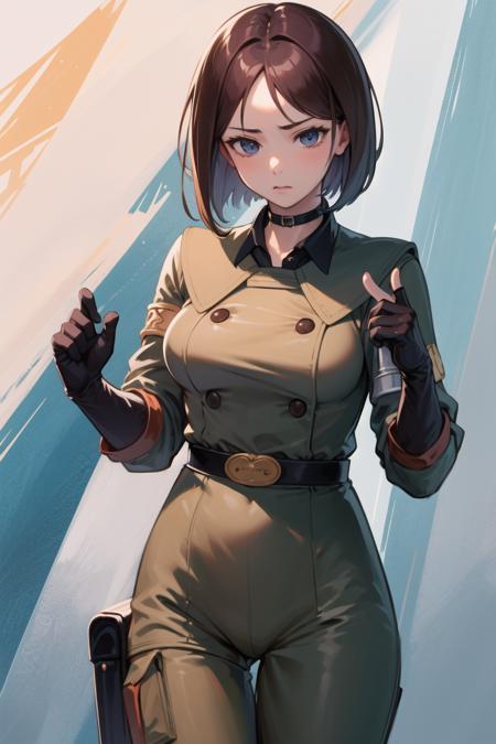 (masterpiece, best quality, high resolution, unity 8k wallpaper, extremely detailed CG:1), (illustration:1.0), 1girl,solo,  whipms, gloves, uniform, military, military uniform,belt, choker, pants, <lora:WhipMS:1>