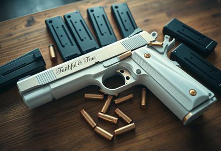 A gun is lying flat on a wooden table, it is a pure white chrome-finished Colt 1911 full-size handgun with "Faithful & True" engraved in elegant font along the slide of the pistol. The grips are beautiful pearl white, and the the gun has gold accents on all the buttons and levers. The pistol is surrounded by spare mags and several extra .45 ACP ammunition rounds littered across the table. View from above, high angle view, cinematic, weapon, indoors, signature, blurry, gun, mirror finish, chrome finish, reflections, beautiful reflections, highly detailed reflections, reflective finish, (((extreme close-up on Gun))), no humans, depth of field, blurry background, handgun, action film style, shallow depth of field, vignette, highly detailed, high budget, bokeh, cinemascope, moody, epic, gorgeous, film grain, grainy