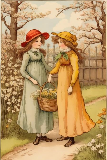 <lora:Kate Greenaway Style:1>Kate Greenaway Style - The scene of blooming flowers as warmth of spring emerges. Kate Greenaway style