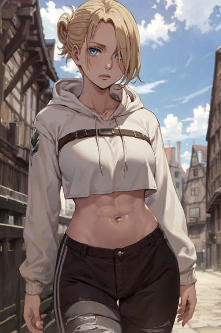 annie_leonhardt, 1girl, solo, looking at viewer, large breasts, long sleeves, navel, closed mouth, collarbone, outdoors, midriff, pants, cloud, hood, hair over one eye, blurry, crop top, hoodie, muscular, blurry background, black pants, abs, hood down, toned, muscular female, drawstring, white hoodie, cropped hoodie