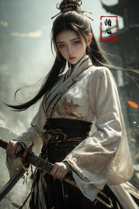 ultra high resolution, ((masterpiece))), (((best quality))), ((super detailed)),  ((extremely delicate and beautiful)),cinematic light, detailed environment(real),
xuer Ancient Chinese sword1girlholding sword
wide sleeves
designed by greg manchess,smoke, a model woman, bright eyes, glossy lips, futuristic gold face war paint, trending on art station, photoreal,
8 k, octane render by greg rutkowski,  art by Carne Griffiths and Wadim Kashin ,in the style of Dau-al-Set, Pollock, and inspired by MAPPA and Zdzislaw Beksinski,
<lora:~Q?N-VRQV2 xuer Ancient Chinese sword:0.8>