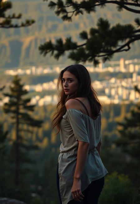 lone roguish female figure, walking away, glancing over shoulder, distant cityscape, transitioning from forest to urban environment, golden light of early morning or late afternoon, cinematic, journey progression, emotional warmth, subtle glance, candid, moment of doubt or hesitation, reflection on the journey, (forest in the background:1.2), city on the horizon, inviting introspection, natural light, dramatic lighting, depth of field, (captured naturally:1.2), (detailed background:1.3), (photorealism:1.4), 8k UHD, (blurry:-1.3), (lowres:-1.5), (ugly:-1.2), (mutated:-1.4), (worst quality:-1.4), (bad anatomy:-1.3), (cartoon:-1.1), (sketch:-1.1), (distorted proportions:-1.3), (extra limbs:-1.5), (cgi:-1.4), (extra characters:-1.5), (savanna:-1.4)