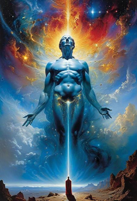 an intense ethereal birth of a god in the midst of the galaxy; the borders to the dimensions rips and flash of gorgeous plasma sprays into the galaxy, surreal masterpiece by (salvadore dali, Stephen Youll, Patrice Murciano)