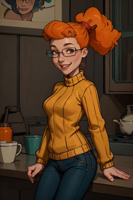 patty, solo, 1girl, glasses, orange hair, ponytail, sweater, breasts, smile,looking at viewer, smile,pants,  best quality, masterpiece, absurdres,   <lora:pattyp2-000008:0.5>