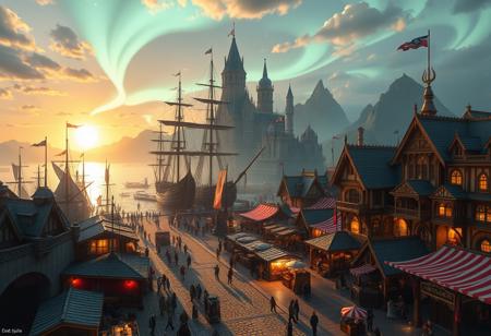 Captivating fantasy scene:
packed pirate dock, multiple pirate ships and stalls
Palace features:
Bright, ribbons of aurora lights arc out like paths,
European architecture,
Sweeping curves and dynamic shapes
Wooden and Cobblestone surfaces with a white and metalic gold gold, reflective quality
Dramatic lighting highlighting key architectural elements
Setting:
jagged mountains in distance, sun rising over the tops,
a mass of buildings surrounding environment, a large river cuts through the middle towards the center of the island, a number of bridges connect both sides.
Misty, breathtaking scene
Color palette:
White, Metalic Golds, vibrent colors, aurora borealis, fantasy market colors with rustic natural colors from wood and stone architechture,
Lighting:
Golden hour, otherworldly glow illuminating the dock
Soft, amazing light emanating from within the structure
Additional elements:
Large sea monsters captured and hauled off trading ships, ships being repaired,
aurora borealis above clouds, huge pirate ships loam overhead, large cafes, fast food chains, large hotels and ornate buildings,
Trident patterns built into architechture and on flags,
Faint, figures or creatures in the foreground or background,
Style: Hyper-realistic digital art with a touch of surrealism
Mood: Awe-inspiring, bright, and mysterious
Composition: Extreme-Wide-angle view to showcase the docks's scale, with a low angle to emphasize its scale and mass of buildings