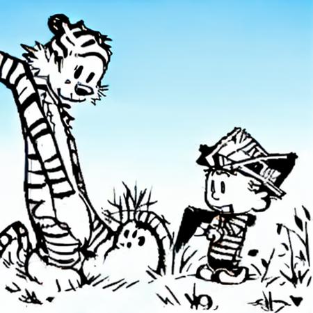 a cartoon boy and cartoon tiger, dressed as pirates, art by <lora:CalvinandHobbes:1>