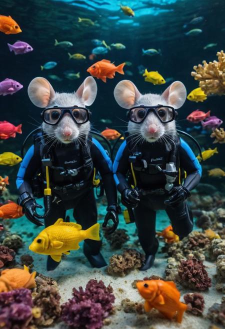 Professional photo of a couple of mice scuba diving ,
Realistic, colorful fish made out of Legos, beautiful, wonderful, cinematic, whiskers, mask, air regulator, fins, swimming underwater, ocean