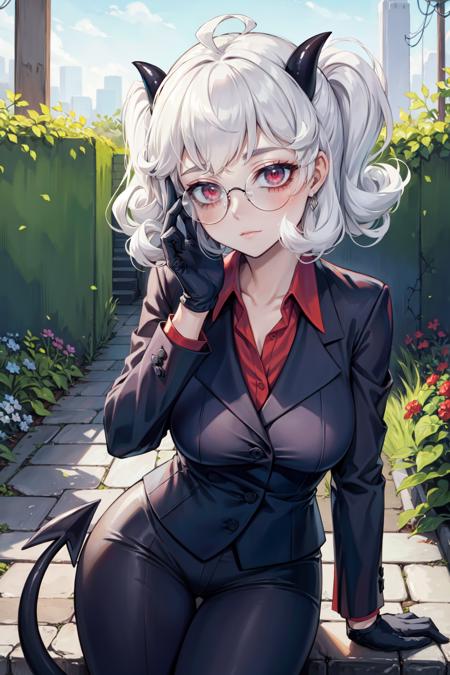 (masterpiece, best quality, glowing light, ultra detailed, detailed background, complex background), (perfect face, detailed face), (mature female, milf:1.3), 
<lora:pandemonica:1>, pandemonica, horns, demon girl, demon horns, black horns, glasses, shirt, tail, demon tail, red shirt, curly hair, formal, suit, gloves, jacket, collared shirt, black gloves, long sleeves, round eyewear, ahoge, pants
(outdoors, garden, thighs)