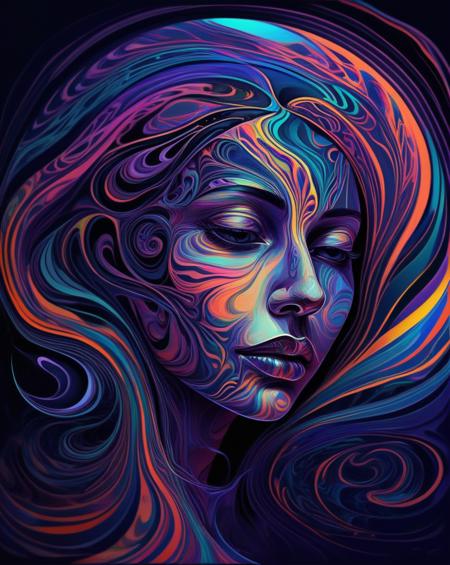 digital painting,woman head,psychedelic colors, dynamic, moonlight, smooth, abstract, intricate,Fluid Lines,Organic Patterns, Mystical, dark Colors, Ink, aesthetic, best quality