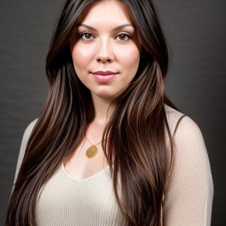 a Realistic portrait of a laura prepon woman with brown eyes and long brown Hair style, looking at the viewer, detailed face, detailed eyes, perfect slim body, modelshoot style, hand on own shoulder, wearing a dress with long sleeves, wearing gold earrings and jewelry, soft lighting, professional Photography, Photorealistic, detailed, standing in a dark Studio Room background, blurred background, RAW, analog, sharp focus, 8k, HD, DSLR, high quality, Fujifilm XT3, film grain, award winning, masterpiece  <lora:laura prepon v1.2:1>