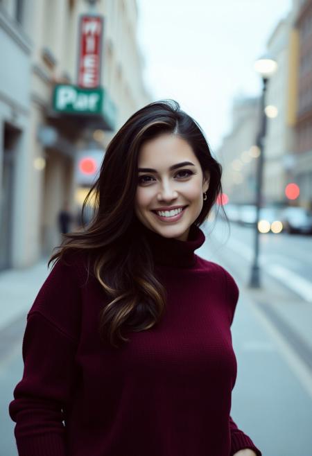 a brunette woman wearing a maroon sweater,she is beautiful,she is smiling in a sexy way, professional photo shoot, urban settings, DSLR, film