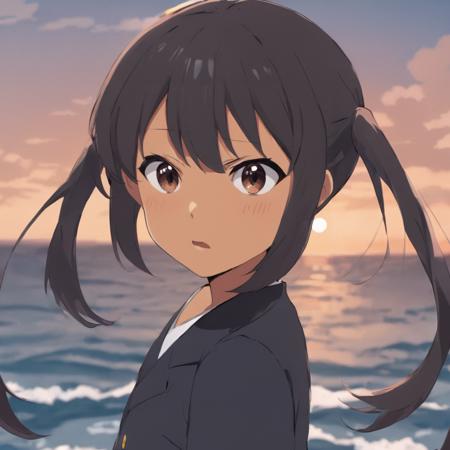 A masterpiece anime professional digital art of a girl named Nakano Azusa looking angry standing by ocean, tanned skin, brown skin, closeup portrait, in style of Kyoto Animation, K-ON style  <lora:azusa_xl-000012:1>