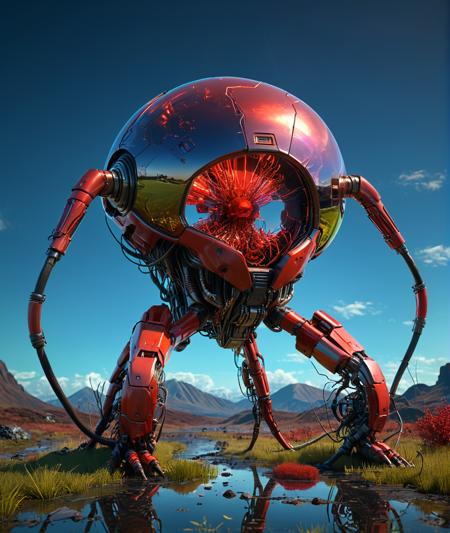 organic bioengineered creature angular living machine, red, brilliant colors, full body, transparency, ziprealism, Cyberpunk, outdoors, water, reflections, grass, futuristic, technology, sci-fi, night, tech, 50 mm, 100, nuclear mushroom cloud, wires, cables, gadgets, Digital art, detailed, artstation, by James Turrell,  Golden hour,  morning, <lora:add-detail-xl:1> <lora:xl_more_art-full_v1:0.8>