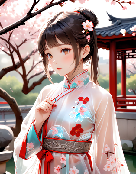 A photo of a young girl wearing a translucent ancient Chinese-style garment, with delicate embroidery and flowing sleeves, as she gazes gracefully into the distance, surrounded by cherry blossoms and a traditional Chinese garden.