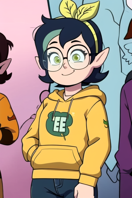 masterpiece, best quality, <lora:willow_timeskip:0.9>, 1girl, solo, green eyes, smile, short hair, hairband, glasses, pointy ears, hoodie, hood down. long sleeves, jeans