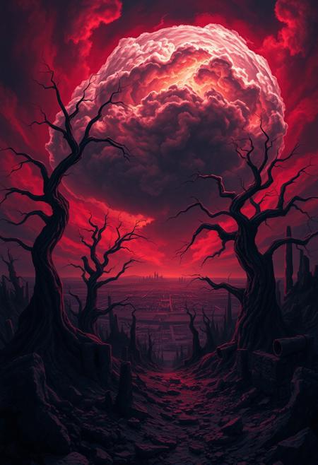 Surreal, fantasy-style digital painting depicting a desolate landscape under a dramatic sky. The layout features a central focus on twisted, barren trees with gnarled branches reaching towards a luminous, swirling cloud formation that dominates the upper portion of the image. The color palette is dominated by dark reds, purples, and blues, creating a moody and otherworldly atmosphere. The foreground is littered with crumbling ruins and jagged rocks, leading the eye towards a distant, shadowy cityscape on the horizon. The overall composition conveys a sense of eerie beauty and desolation, with intricate details in the textures of the trees and the ominous sky.