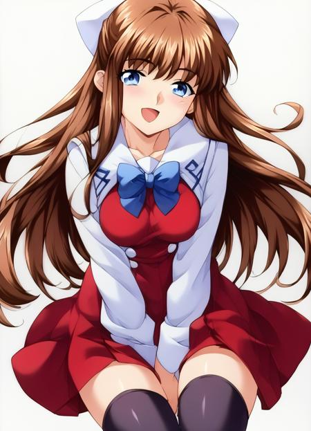 nagawa_midori, 1girl, blue eyes, brown hair, long hair, hair bow, white bow, school uniform, long sleeves, blue bowtie, BREAK, skirt, red skirt, BREAK, black legwear, BREAK, brown footwear, loafers