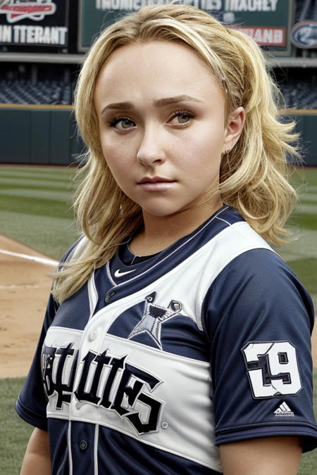 Hayden Panettiere,wearing baseball Jersey, serious look, ready to strike, photorealistic, realistic
