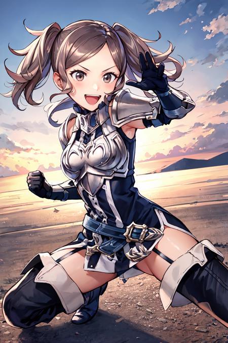 <lora:Cynthia:0.8>,smile,open mouth,spread legs,cynthia,dynamic pose,fighting stance, brown hair,twintails,thighhighs, gloves, armor, short dress, boots,thigh boots, dress,elbow gloves, zettai ryouiki,breastplate, shoulder armor, belt, garter straps, outdoors,(masterpiece, best quality, ultra-detailed, best shadow)