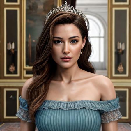 (8K, Masterpiece, best quality, highres, high resolution:2), [amber heard: 0.5], (young lady: 2.0), cute, brown hair, tiara, (beautiful face, small nose, pink lips, mascara, eyelashes, small blue eyes: 1.3), straight posture, (royal palace hall), chandelier, (giant mirror in background, big red curtains:1), close up photo, (ultra realistic illustration, hyperrealistic, unreal engine:1.5), pixabay, 4k, realism, realism pushed to extreme