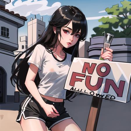 Highly detailed, High Quality, Masterpiece, beautiful, (NoFunAllowed:1.2), <lora:NoFunAllowed:1>, 1girl, black hair, long hair, red eyes, shirt, white shirt, shorts, short shorts, black shorts