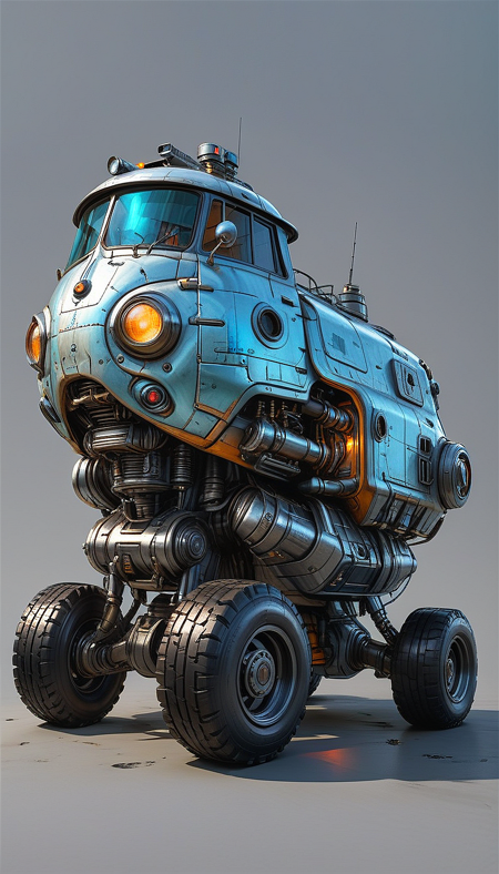 (cel-shading:2)+, (in ARTIST style:1.6), (masterpiece:1.7),  glow blue neon, hyperrealism, glossy, shinny, clear image, accurate picture, clear picture, precise image, focused image, Science fiction style, Science fiction, (cozy comfy, no humans, science fiction, vehicle focus, robot, grey background, mecha, wheeled vehicle, silver black paint, car)
comic style, (ultra sharp focus:2), (thin lines:2), (best quality:1.8),
(masterpiece:1.8), (highest detailed:1.8), perfectly lighted, (contrast), (saturated), (((sharp focus))),
(hyperdetailed:1.3), (intricate details:1.2), (Refined details:1.3), (best quality:1.5), highly detailed textures, vibrant colors,
(ultra sharp focus:1.8), (detailed texture:1.8), (detailed edges:1.8), (thin lines:1.8), (best quality:1.8),
<lora:Apparatus_-_Traction_City_Walkers_Vehicles:0.8>,