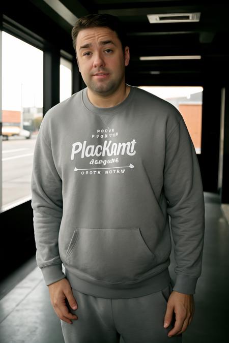 JasonManford, large format photo of a man, anxious facial expression, gray crewneck sweatshirt, jogger sweatpants and slip-on sneakers, upper body, under bounced lighting, from below, shot on a Kodak Brownie <lora:JasonManfordLora:1>