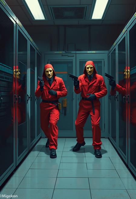 Concept art of a server room being broken into by "Money Heist" themed burglars, wearing their iconic red jumpsuits and ((Salvador Dali masks)), holding pistols and looking determined. 
Realistic details and textures, long shot perspective.