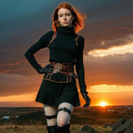 RAW full body analogue photo of a beautiful 20 years old woman, clear focus, 8K,__Random_Woman__,adasweater, black hair, short hair, black eyes, red sweater, turtleneck, harness, pantyhose, black gloves, belt ,photo Fantasy art combining the styles of Boris Vellejo and Luis Royo,Photorealistic, real photo, god rays, 1girl, 21yo,realistic, ,Sexy pose, erotic pose, exhibitionism ,steampunk clockwork city at sunset with warm hues and intricate mechanisms