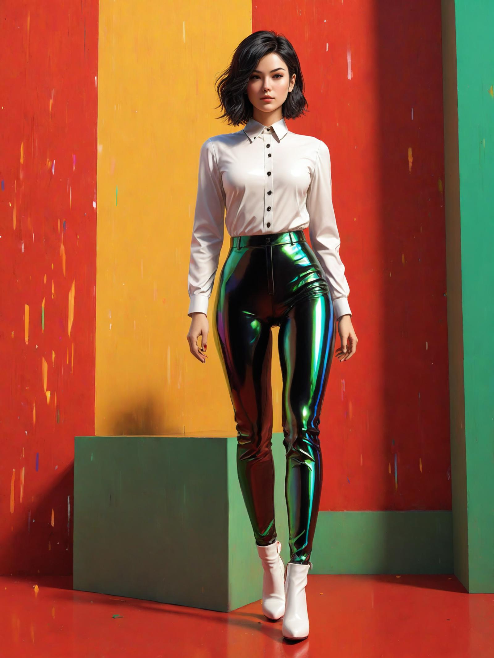A woman wearing a white shirt and tight green pants standing against a colorful wall.