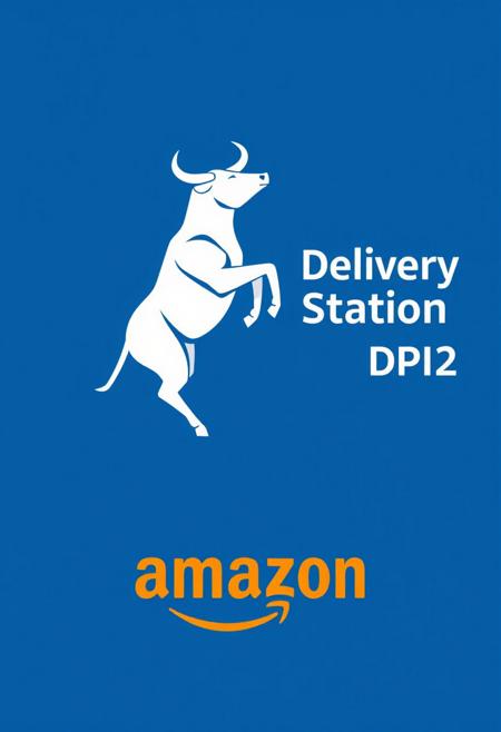 “Create a minimalistic, bidimensional vector logo featuring a full-figure bull standing on its back legs, in a sleek, geometric style. The bull should have sharp, clean lines to emphasize power and motion in the upright pose. To the right of the bull, include the text ‘Delivery Station - DPI2’ in a modern, sans-serif font. The background should be a bold blue, while the bull and text should be in contrasting monochrome or white. Centered in the lower space beneath the bull and text, place an Amazon logo in bold orange, maintaining balance and ensuring the logo stands out in a professional, cohesive design.”