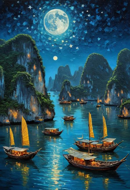 a group of boats floating on top of a body of water, fantasy art, the moon and stars, dreamland of Vietnam Sea Halong Bay Crag Cove, Cliffs, perfectly calm waters, highly detailed and hypnotic, painted in high resolution, fantastically beautiful, amazing composition, glossy painting, sparkling cove, mesmerizing, starry nigh by Van Gogh, deep blue colors. Masterpiece, by top painters.