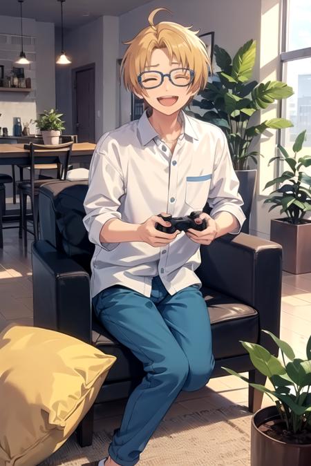 <lora:MakotoES-07:0.7> ,makotoes, smile, open mouth, shirt, holding, sitting, closed eyes, ahoge, glasses, teeth, pants, indoors, pillow, plant, couch, blue pants, potted plant, controller, game controller, blue-framed eyewear, holding controller, holding game controller