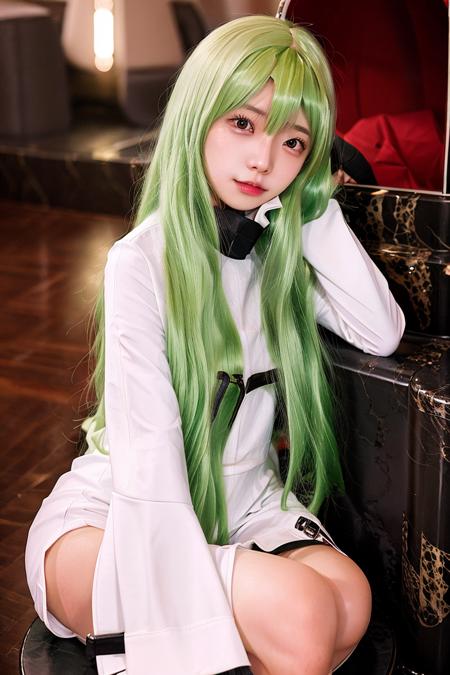 best quality, ultra high res, 1girl, looking at viewer,  <lora:koreanDollLikeness_v15:0.75>,  <lora:CGCCcos:1>, cosplay, green hair, long hair,