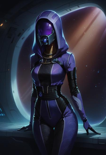 (score_9, score_8_up:1.1), score_7_up, rating_safe, 1girl, tali, taliz'orah, mass effect, alien woman, black mask, dark opaque mask, face covered behind black mask, face hidden behind mask, face not visible behind black mask, intricate purple hood, purple scifi full skintight bodysuit with intricate patterns, beautiful intricate swirling patterns on suit, wide hips, narrow waist,  in futuristic spaceship, in spaceship, a window into space, dark space outside, stars and galaxies outside, realistic, Spirit Animal, <lora:PonySpiritAnimals:0.6>, <lora:Anime Summer Night Style SDXL_LoRA_Pony Diffusion V6 XL:0.8>