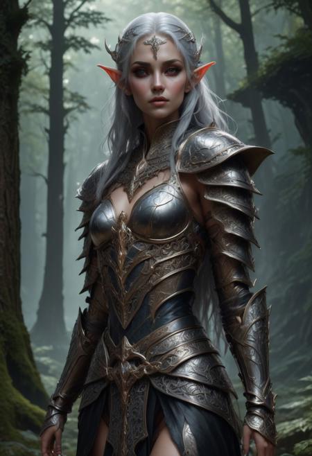 High resolution ultra-realistic of beautiful fantasy Warrior elf girl in Lord of the Rings style, very pale face, realistic tight iron armor, dark forest, perfect athletic figure, attractive full body, handsome pale wet sweaty face, beautiful perfect detailed pupils, wet oily shiny skin, beautiful firm Breasts, defiant and seductive, 8k resolution concept art portrait by Greg Rutkowski, Dark Ages, Artgerm, WLOP, Alphonse Mucha, hyperdetailed, intricately detailed, Splash art trend on Artstation triadic colors, Unreal Engine, 5 volumetric lighting, Cinematic Lighting, complex, smooth, sharp digital painting, Asymmetrical balance, hyperdetailed painting, dynamic lighting