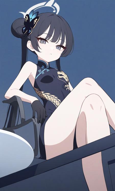 kisaki_\(blue_archive\) chinese_dragon anime_girl_in_a_black_dress_sitting_on_a_blue_surface telegram_sticker from_below traditional_chinese_art dark_blue_hair best_quality newest 1girl gloves solo china_dress dress black_gloves chinese_clothes hair_bun crossed_legs long_hair black_hair sitting