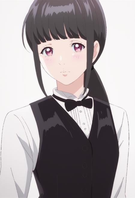 kamimachi aoi, black hair, pink eyes short hair, hairclip, dress, turtleneck, long sleeves low ponytail, bowtie, shirt, vest, black pants, blunt bangs hair over one eye, track suit