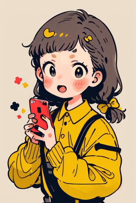 1 girl, wearing suspenders with a bow on her head and two braids, outdoors, taking a selfie with her mobile phone,simple background, <lora:tuyafengge_20230707170048:0.9>