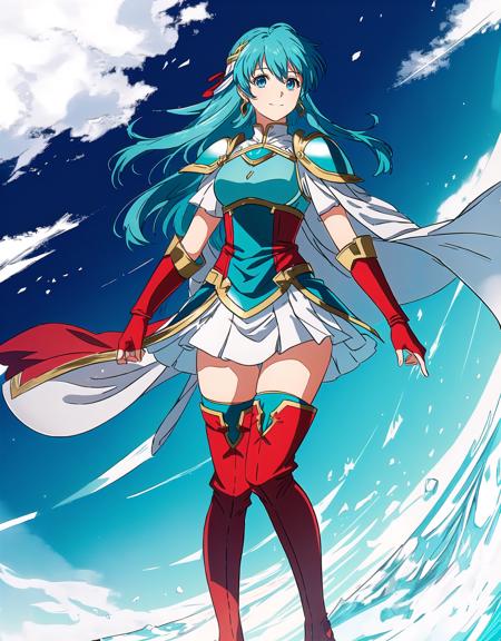 FEH, FEH-Style, Fire Emblem, Fire Emblem Heroes, Eirika (Fire Emblem), Eirika (Fire Emblem: Heroes), 1girl, eirika (fire emblem), long hair, solo, armor, skirt, zettai ryouiki, thighhighs, gloves, breastplate, cape, full body, jewelry, boots, fingerless gloves, blue eyes, simple background, looking at viewer, smile, white skirt, short sleeves, sidelocks, aqua hair, earrings, bangs, red footwear, thigh boots, shoulder armor, red gloves, standing, red thighhighs, closed mouth