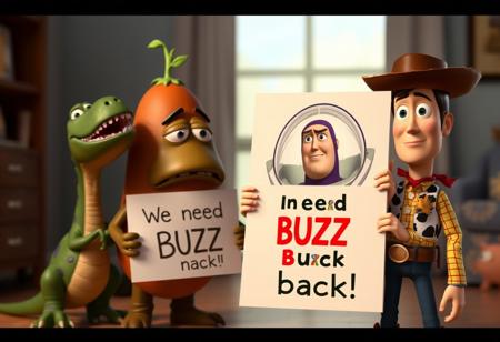 Toy Story characters Rex and Mr Potato head standing next to Crying and sad Woody holding sign with image of Buzz Lightyear and text ((("We need BUZZ back"))), blurry room background, pixar style