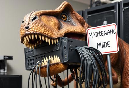 A Tyrannosaurus Rex with a server in its jaws and a bunch of cables in its hands.
a closeup sign says "Maintenance Mode"
