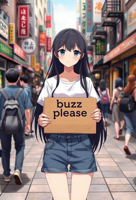 anime girl with long black hair wearing a white t-shirt and denim shorts holding a cardboard sign that says 'buzz please', standing in a busy city street with bustling people around