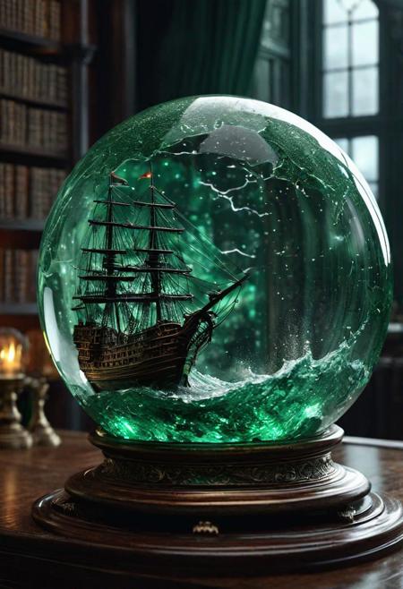 A  glass sphere sculpture, concealed inside the sphere is a large Pirate Ship in a Lightning storm, large dark green waves, in the dark, detailed image, 8k high quality detailed, the moon, shaped sphere, amazing wallpaper, highly detailed, 8k UHD detailed realistic image, beautiful art UHD, focus on full glass sphere, background old library ,  background Modifiers: extremely detailed Award winning photography, fantasy dark green studio lighting, photorealistic very attractive beautiful imperial colours ultra detailed 3D, (Very Intricate)